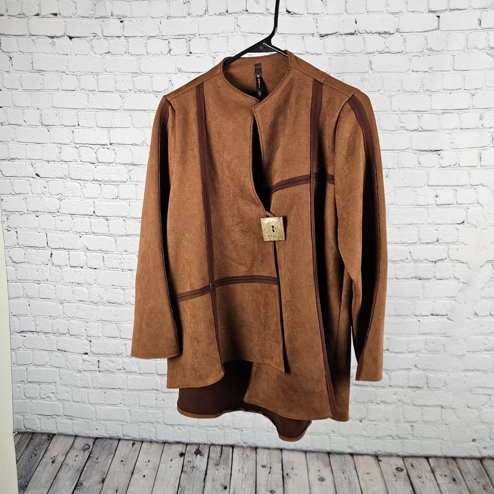 IC By Connie K Faux Suede Jacket Brown Asymmetrical Button L Made in USA 3993J